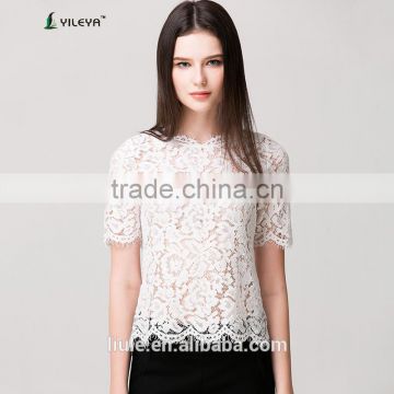 latest summer loose casual white fashion crochet lace blouse for middle aged women