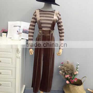 B22672A Autumn ladies Long sleeved sweater waist overalls corduroy wide leg pants suit