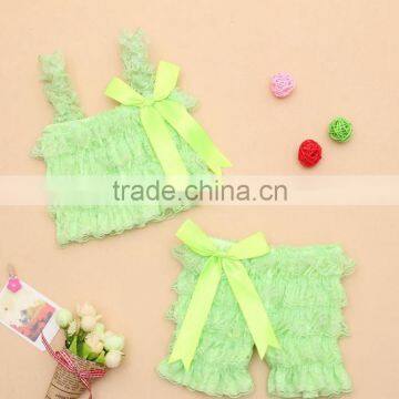 Infant Seersucker Smocked Lace Sundress with Middle Pants Sets