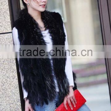 Black Color Lady Rabbit Fur Knitted Vest With Raccoon Fur Vest For Lady Winter