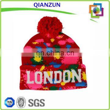 Custom Acrylic Embroidered Knitted Beanie Hat With Pom Pom