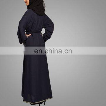 Modest Muslim Women Crepe Cardigan Navy Kimono With Lace Overcoat Open Front Islamic Abaya photo-4