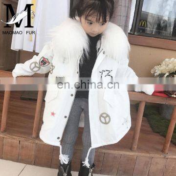 2016 High Quality Genuine Raccoon Fur Hood and Rabbit Fur Lined Kids Real Fur Parka