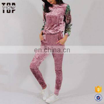 China suppliers 2017 clothing with sequined sleeves velvet plain women tracksuit