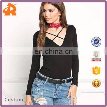 2017 New Fashion Womens Fashion Black Cross Strap Long Sleeve Top