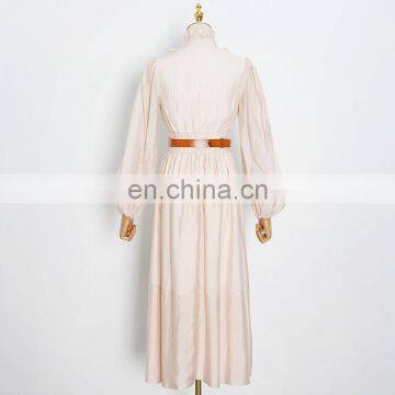 TWOTWINSTYLE Sexy Dress For Women V Neck Lantern Long Sleeve High Waist Midi Patchwork Elegant photo-2