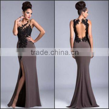 2015 New Arrive Elegant Evening Dress with Appliques and Side Slit High Quality O-Neck and Backless Charming Evening Dress