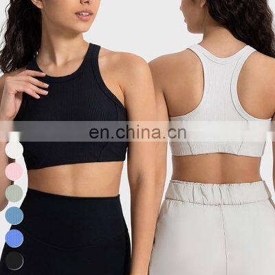 Custom Activewear High Neck Shockproof Bras Sport Wear Gym Fitness Yoga Top Women Ribbed High Support Racer Back Sports Bra photo-3
