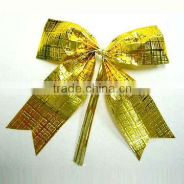 China wholesale Gold pre-made ribbon bow with sticker for Christmas Party