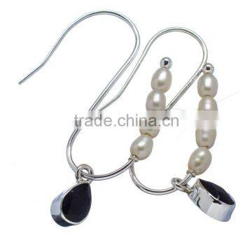 BLACK ONYX AND PEARL EARRING 925 SOLID STERLING,SILVER EXPORTER,STERLING SILVER JEWELRY,SILVER EARRING