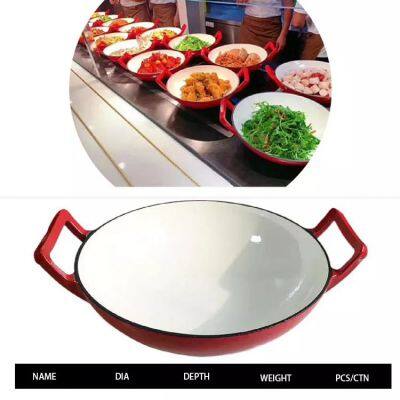 36cm Cast Iron Enamelled Wok Big Size Chinese Wok Red Double-handle Pot for Home Restaurant Chef Cooking photo-5