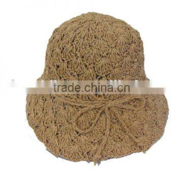 light brown hand kniting straw women hat with flower bow