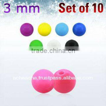 Set of 10 pcs: of 3mm acrylic ball in solid colors with 16g (1.2mm) threading