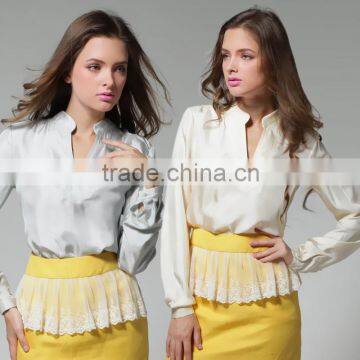 Women's Real Royal 100% Silk Long-Sleeve V-Neck Blouse Shirt OEM ODM Type Clothing Factory Manufacturer From Guangzhou