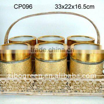 6pcs glass jar with golden leather coating with golden rack(CP096)