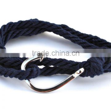 Navy Cotton Adjustable Wrap Silver Fish Hook Bracelet Sailing Survival Hook Clasp Bracelet