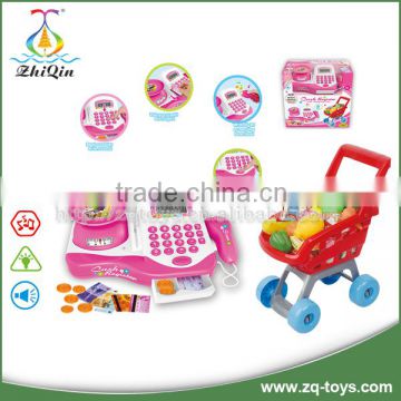 Hot selling children supermarket cash register toy with shopping trolley