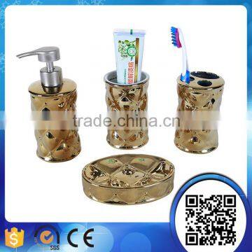 Wholesale 4 pcs round plain design gold ceramic bathroom set with liquid soap dispenser