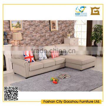 leisure style comfortable living room sofa furniture nordic wooden L-shaped sofa/three seater with rivet