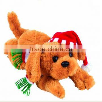 Singing Dog with X'mas hat, waving tail & bell vibrating, electronic & movement plush toys