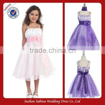 Fl35 White And Pink Pleats Bowknot Spaghetti Straps Organza Tea Length Flower Girl Dresses