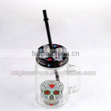 Halloween Smile Skull Decal Glass Mason Jar With Handle 16oz photo-6