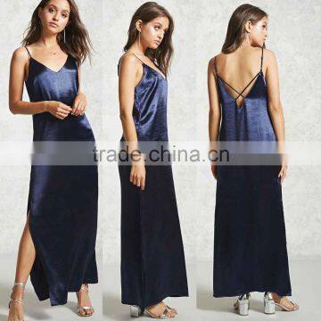 Ladies wear dress 100% polyester V Neck Side Slit Satin Cami Maxi women dresses formal dresses