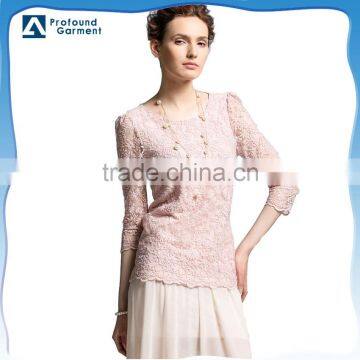 2014 Latest fashion elegant double layers lining long sleeve lace t shirts for women