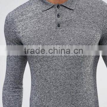 2016 New Design OEM Custom Long Sleeve Button Placket Men's 100% Cotton Knit 200g Casual Tight Skinny Slim Fit Grey Polo Shirt photo-3