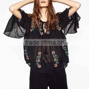 Runwaylover EY2375B 2017 Fashion Women Flare Sleeve Chiffon Embroidery Blouse photo-4