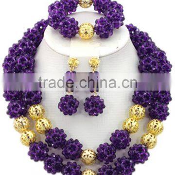 Gold Tone Double Rows Ball Crystal Beads Nigerian Bridal Jewelry Set