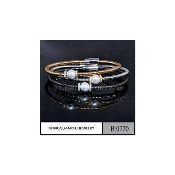 B720 Brass Material Two Tone Plated Diamond Cluster Bangle With Pearl