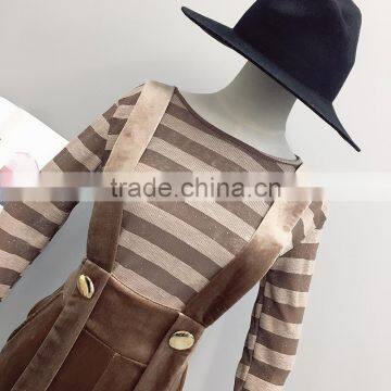 B22672A Autumn Ladies Long Sleeved Sweater Waist Overalls Corduroy Wide Leg Pants Suit