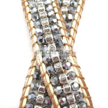 Handmade Beaded Wrap Bracelet Features 3 Rows of Circular and Square Stones Surrounded by a Natural Colored Cord on Both Sides photo-5
