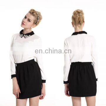 PowerSweet 2014 New Arrival Autumn European Sweet Simple Style Applique Two pieces Blouse And Skirt