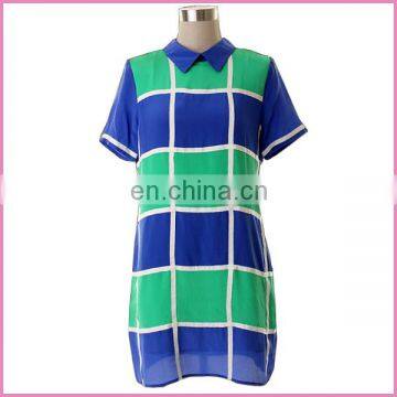 big plaid contrast color printed chiffon short sleeves shirt style dress