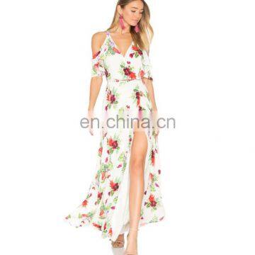 Short sleeve leakage shoulder straps floral printing maxi wrap suspender dress