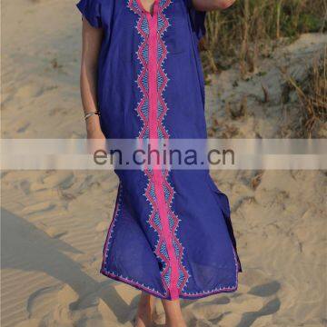 2019 Blue Bohemian Embroidered V-Neck Short Sleeve Summer Beach Dress Plus Size Women Robe de plage Long Cotton Tunic pareo