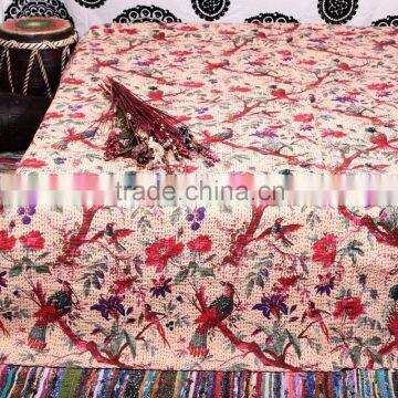 Indian Handmade Cotton Bird Printed Marvelous Designer Vintage Beautiful Quilt Reversible Bedspread