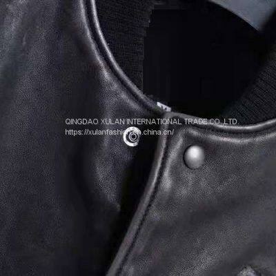 HOT SALE 2021 NEW FASHION MEN'S WASHED BASEBALL GENUINE SHEEPSKIN LEATHER JACKET photo-3