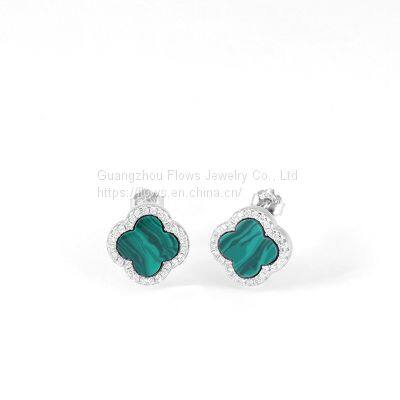 S925 Sterling Silver Four-leaf Clover Earrings Women's Agate Zircon Earrings Simple Style Earrings
