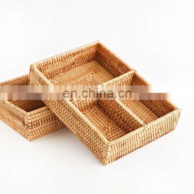 High Quality Wicker Rattan Woven Storage Basket 3 compartments Cosmetic Storage Tray Wholesale Supplier