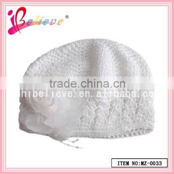 Baby products wholesale fancy baby hats,knitting white color beanie hat with flower