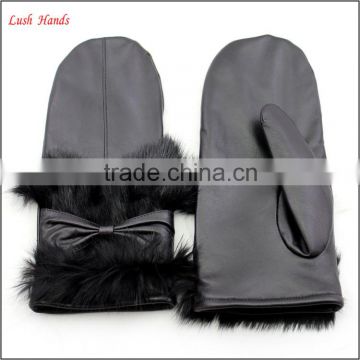 women wearing real rabbit fur warm mitten gloves black leather glove