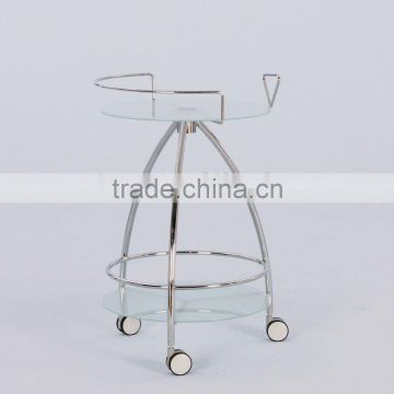 Serving Cart/ Round Glass Table with three arc metal wheel Trolley