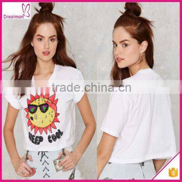 White Color Cool Cropped Sequin Tee Short Sleeve Custom Crop Top Women