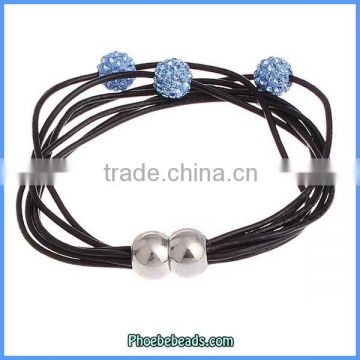 Wholesale Leather Bracelets Black With Blue Crystal Ball Magnetic Clasp New Fashion PLB-FB003D