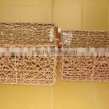 Rectangular Strong Natural Rattan Basket Set of 2 With Iron Frame and Handles