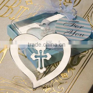 Heart shaped chrome metal bookmark with cross