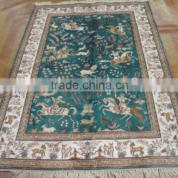 blue colour hunting scene handmade kashmir silk rugs handmade afghan silk persian rugs for sale